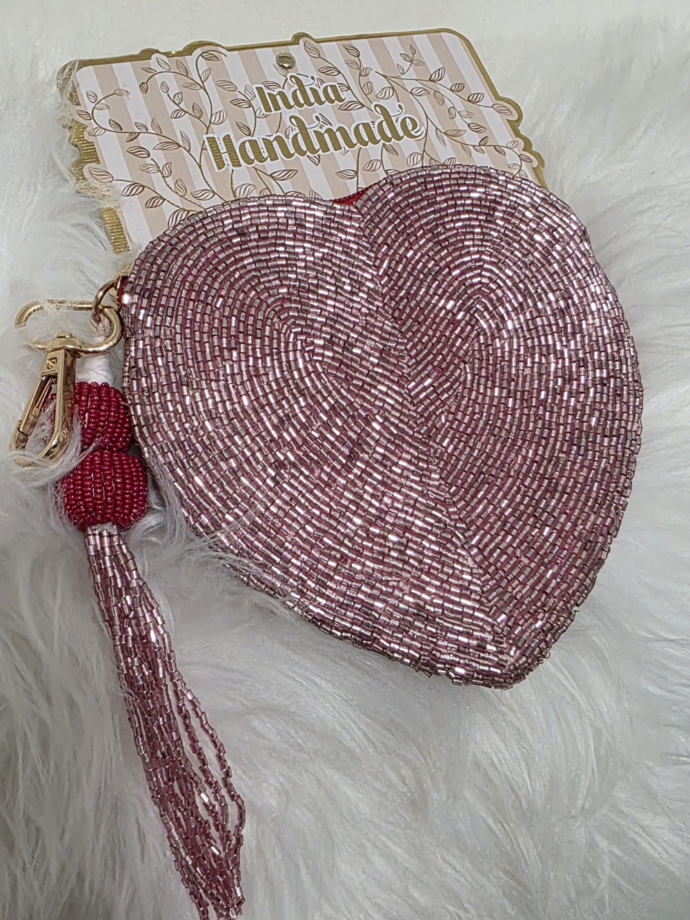 NWT India HandmadeBrand Beaded Heart Change Purse- Pink, Size: 4 inches